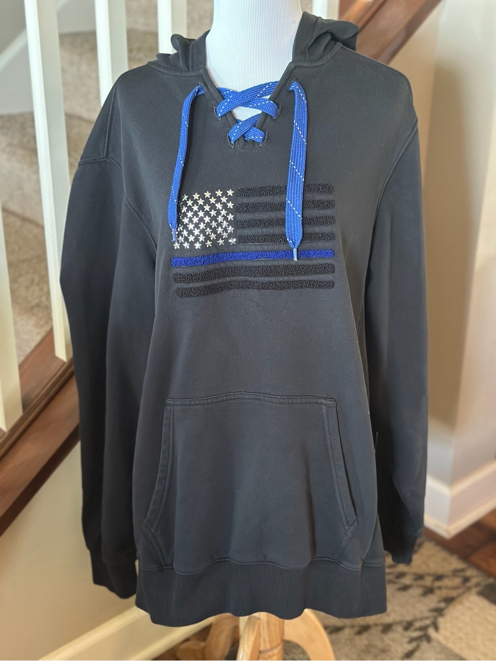 Sport-Tek Distressed Black Hooded Pullover with Blue Line Flag - D102